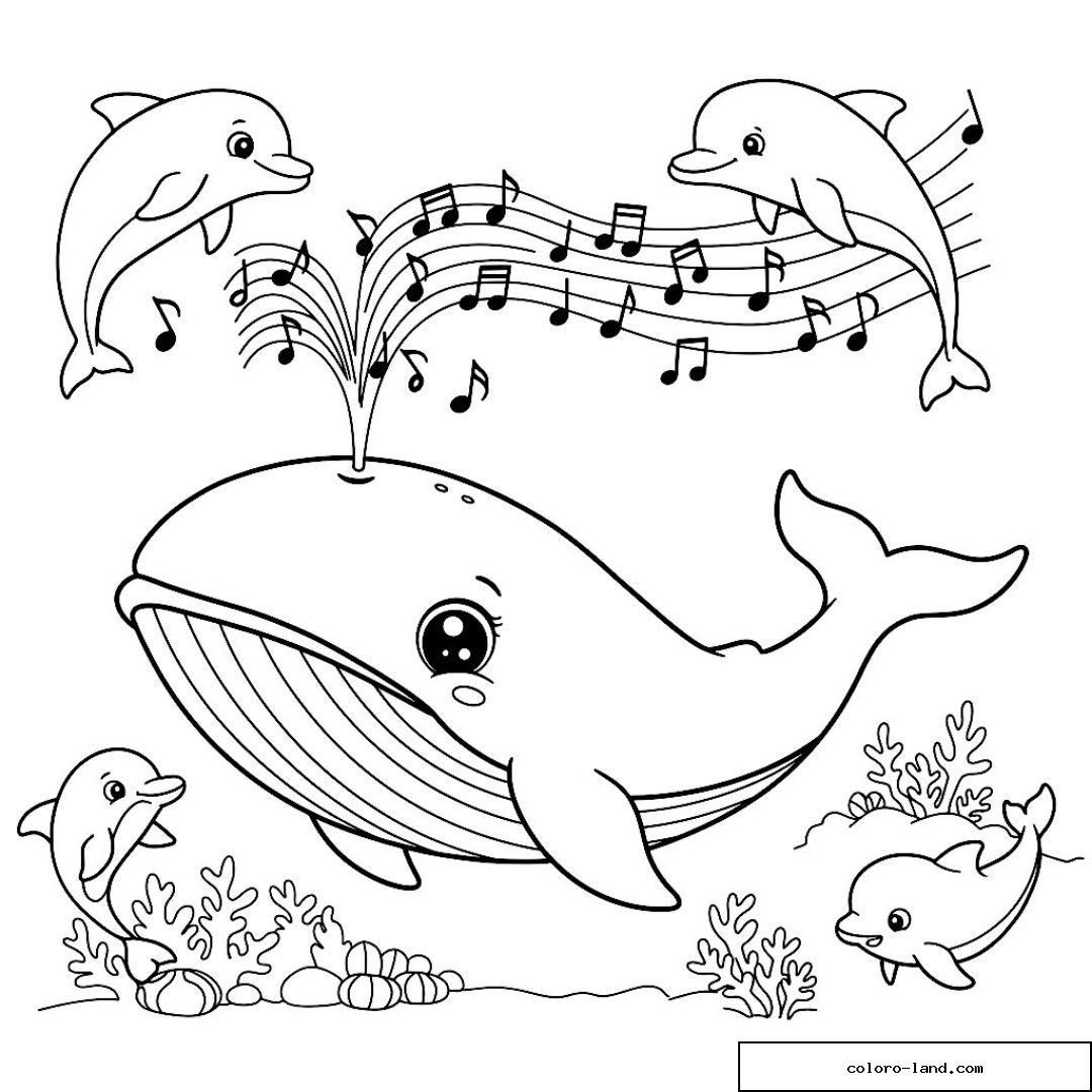 Baleine et quatre dauphins reliés par une portée de notes de musique