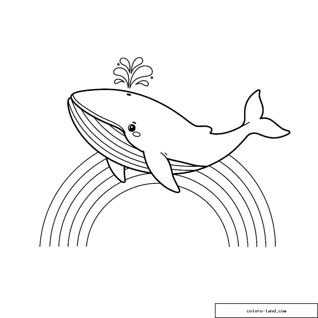 Baleine glissant le long d'un grand arc-en-ciel aux bandes concentriques