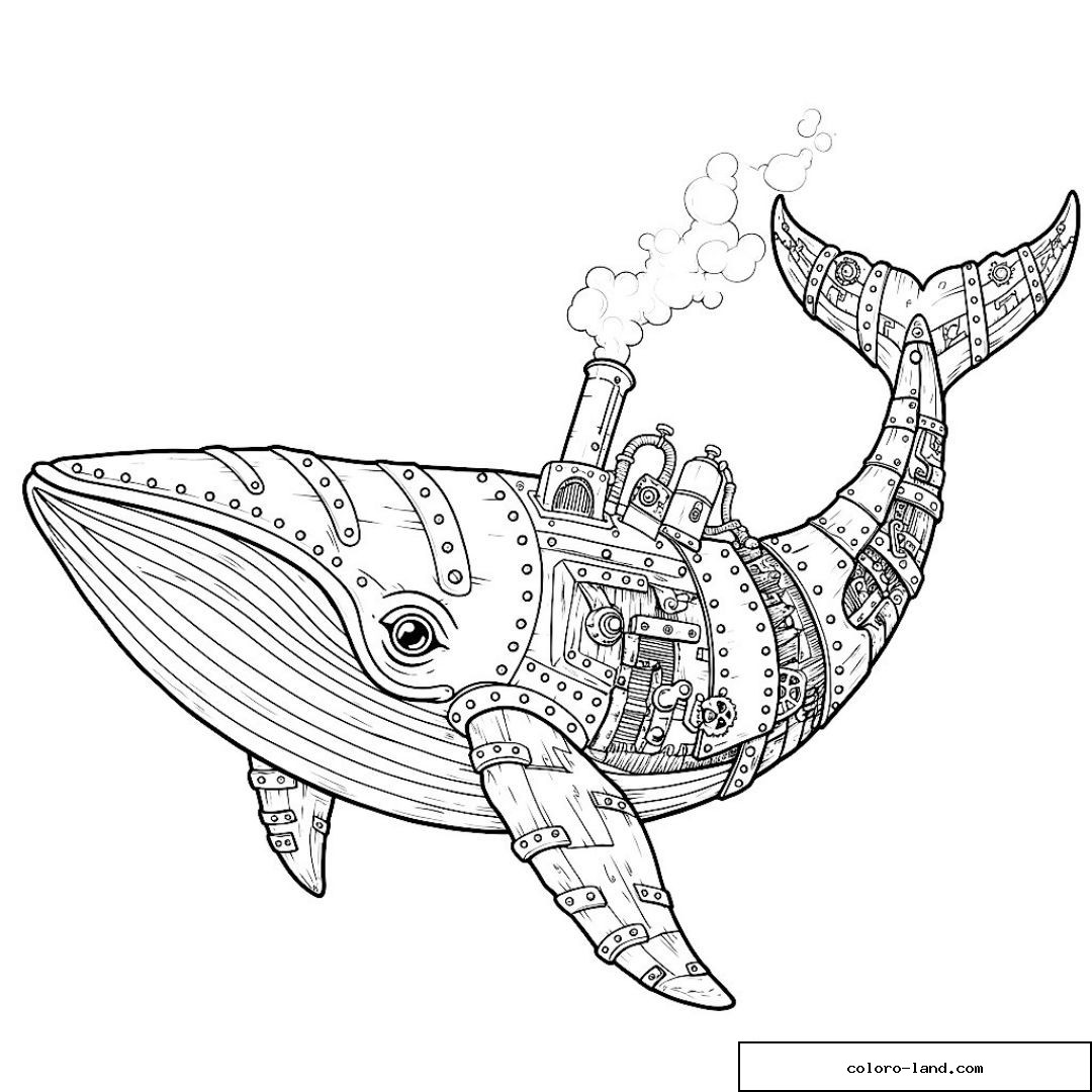 Baleine mécanique steampunk avec cheminée fumante et rivets