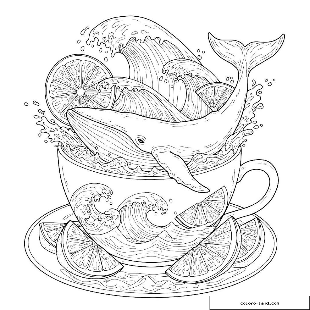 Baleine surfant sur une vague à l'intérieur d'une tasse de thé et citrons
