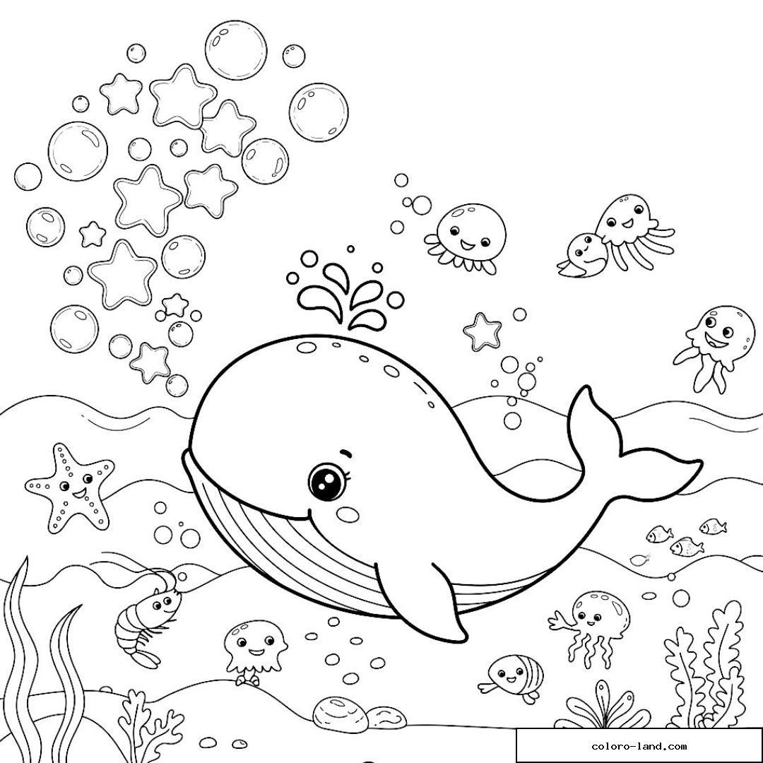 Baleine kawaii entourée de méduses, d'un poisson-clown et d'une étoile de mer