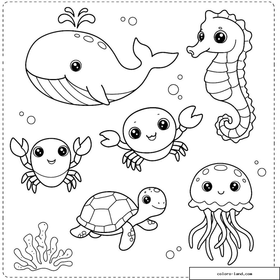 Grille de six animaux marins : baleine, hippocampe, crabes, tortue et méduse