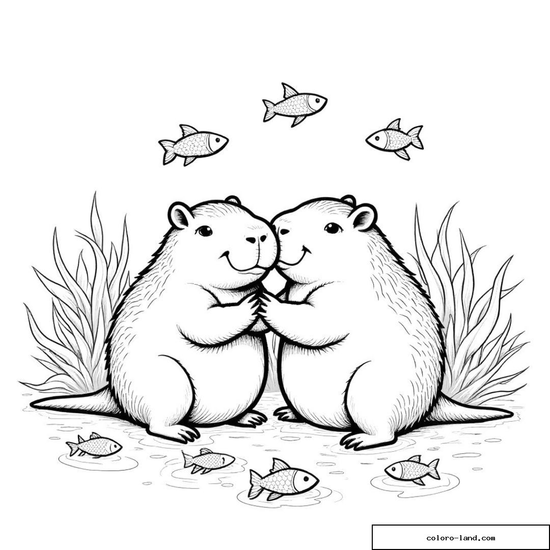 Deux capybaras front contre front entourés de poissons nageant