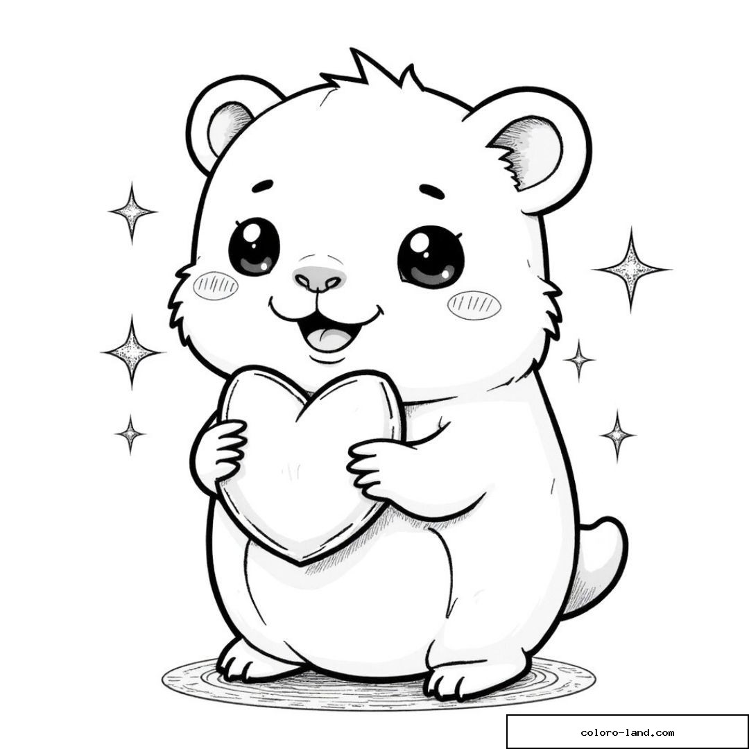 Capybara kawaii serrant un cœur entouré de petites étoiles
