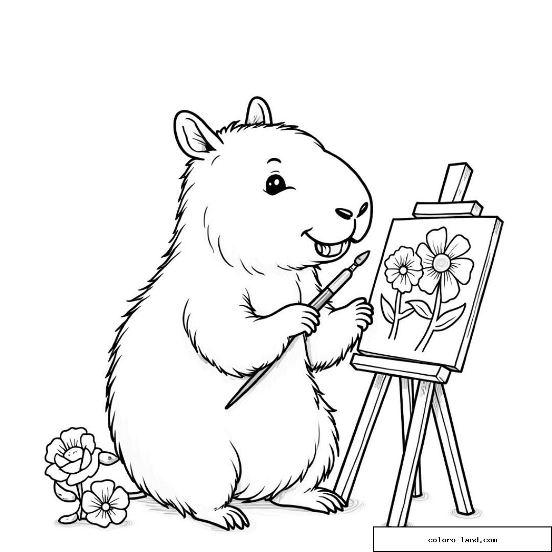 Capybara peignant des fleurs sur une toile posée sur un chevalet