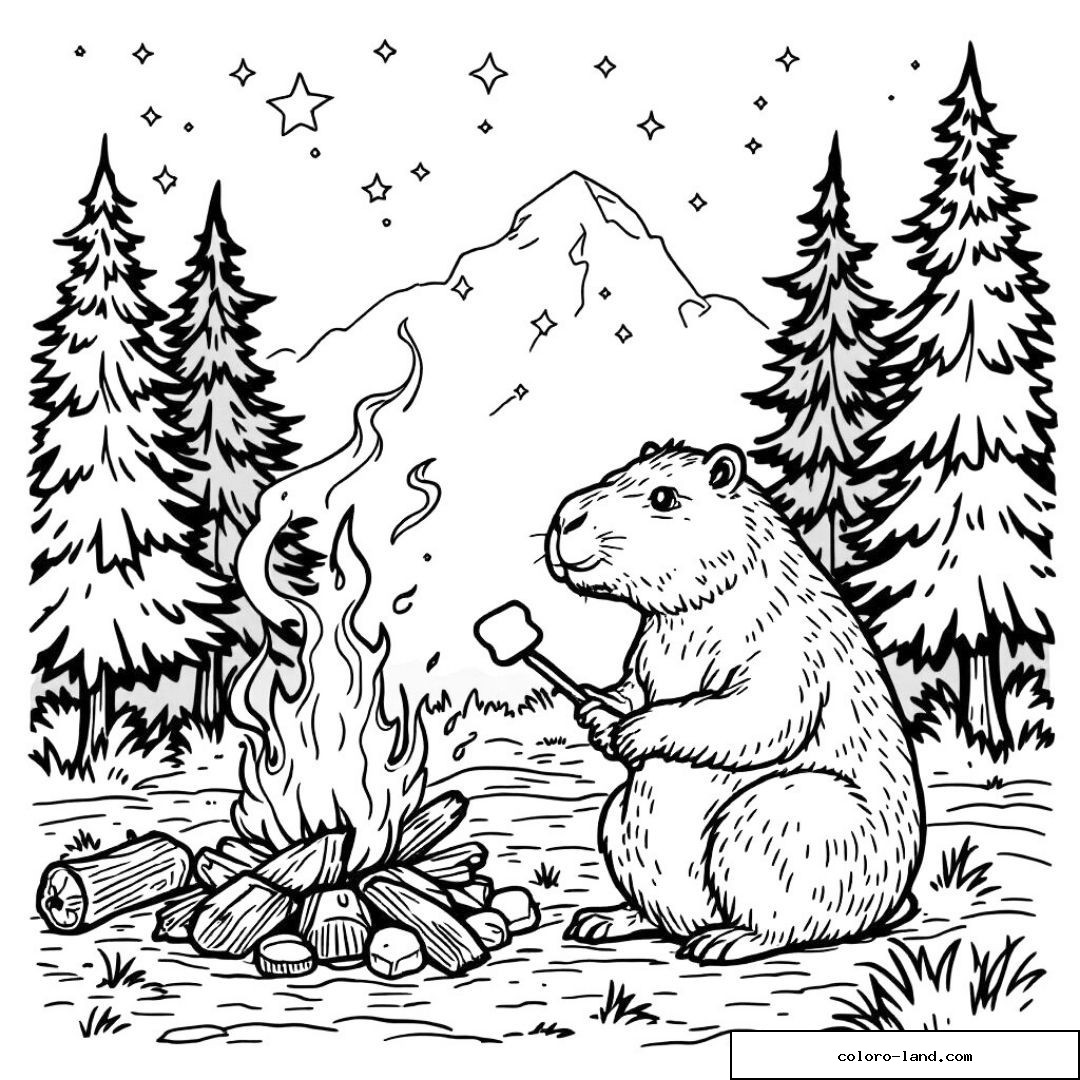 Capybara grillant un marshmallow devant un feu de camp de montagne
