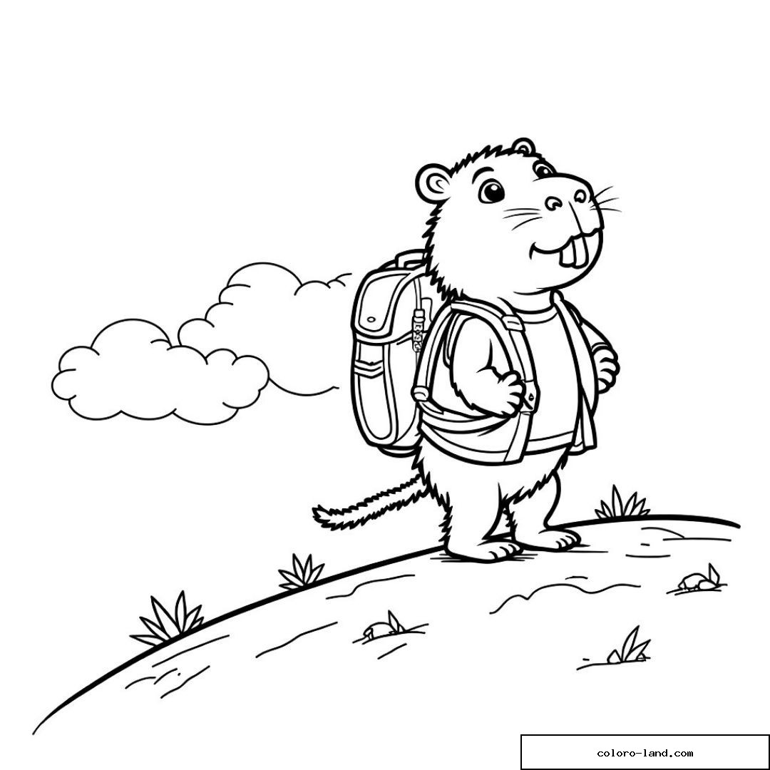 Capybara en gilet marchant avec un sac à dos sur une crête herbeuse