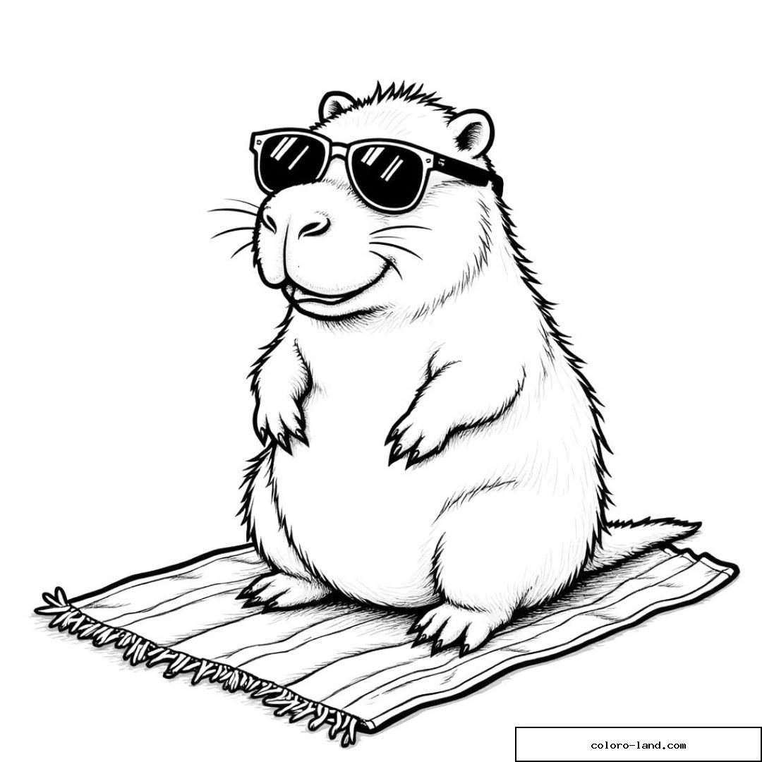 Capybara à lunettes de soleil allongé sur une serviette de plage rayée