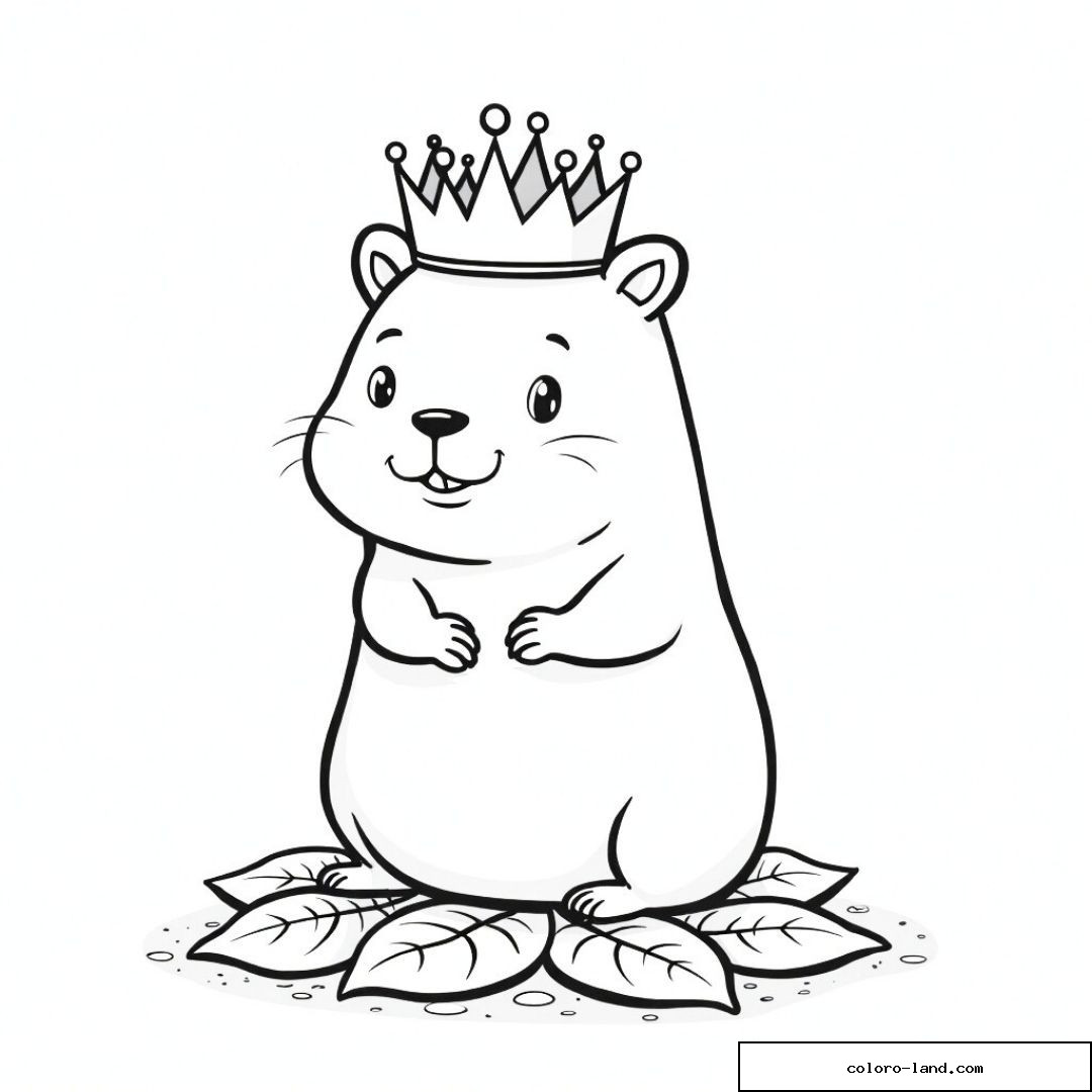 Capybara portant une couronne dorée, assis sur des feuilles