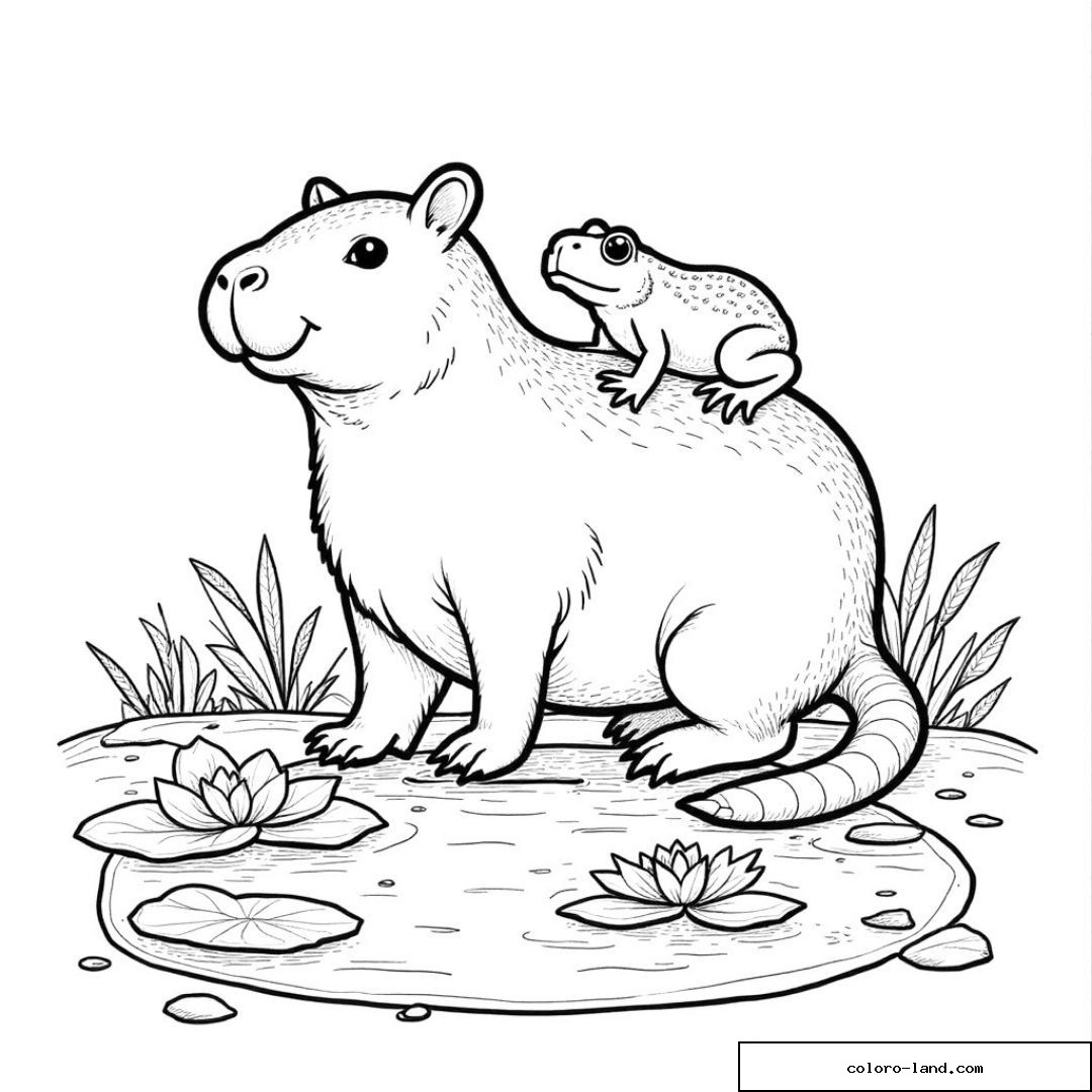 Grenouille assise sur le dos d'un capybara près de nénuphars