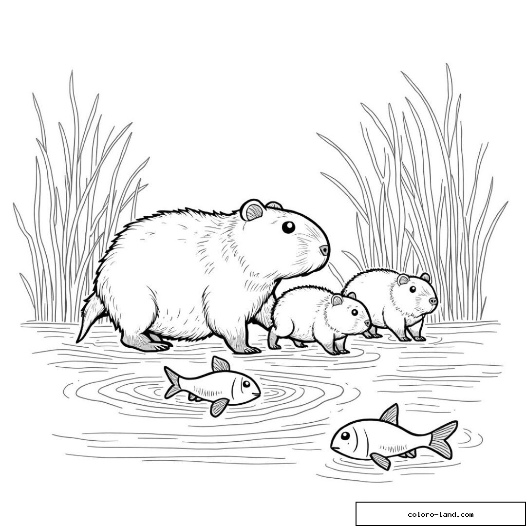 Mère capybara et ses deux petits avançant dans l'eau peu profonde