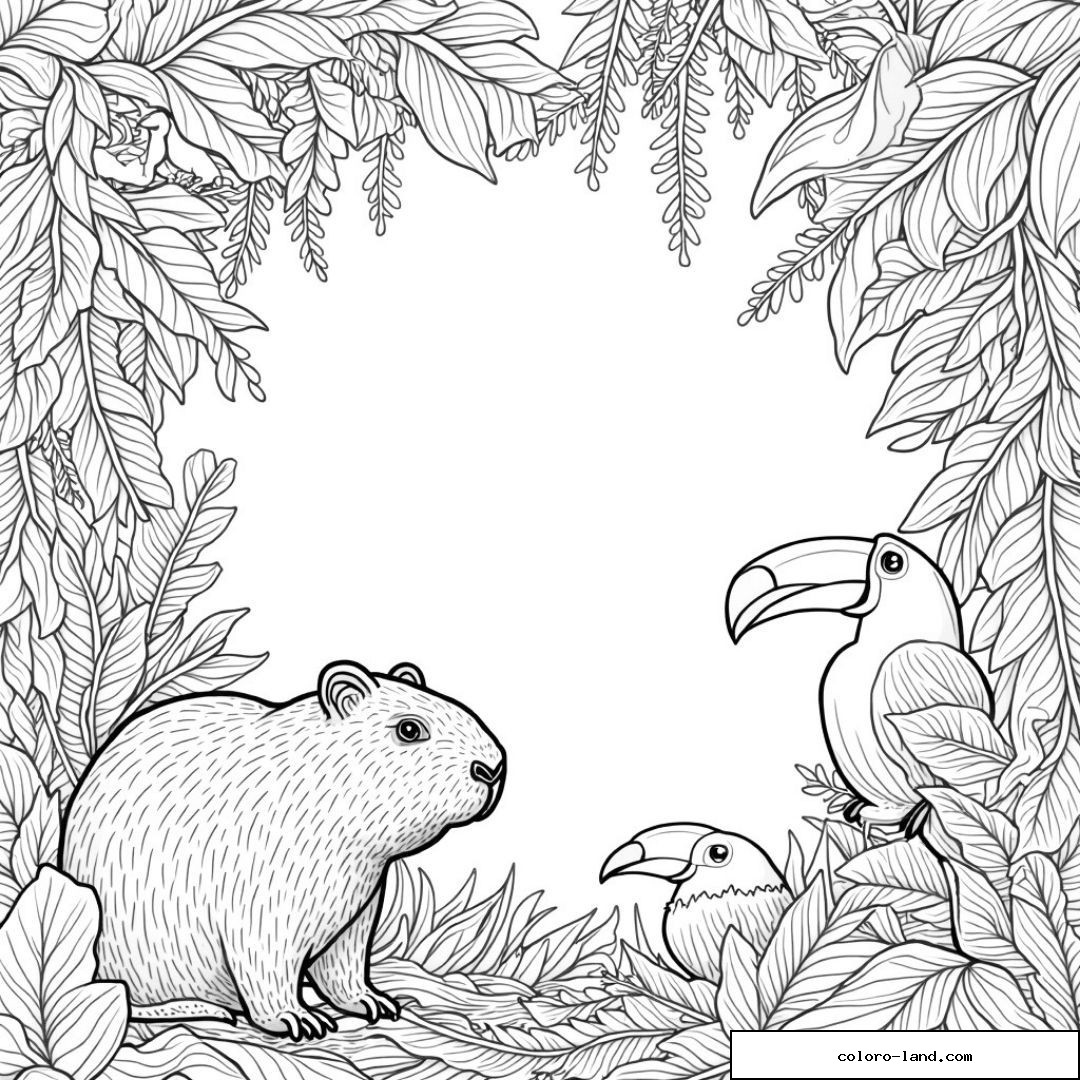 Capybara au sol devant deux toucans dans un cadre de feuillage tropical