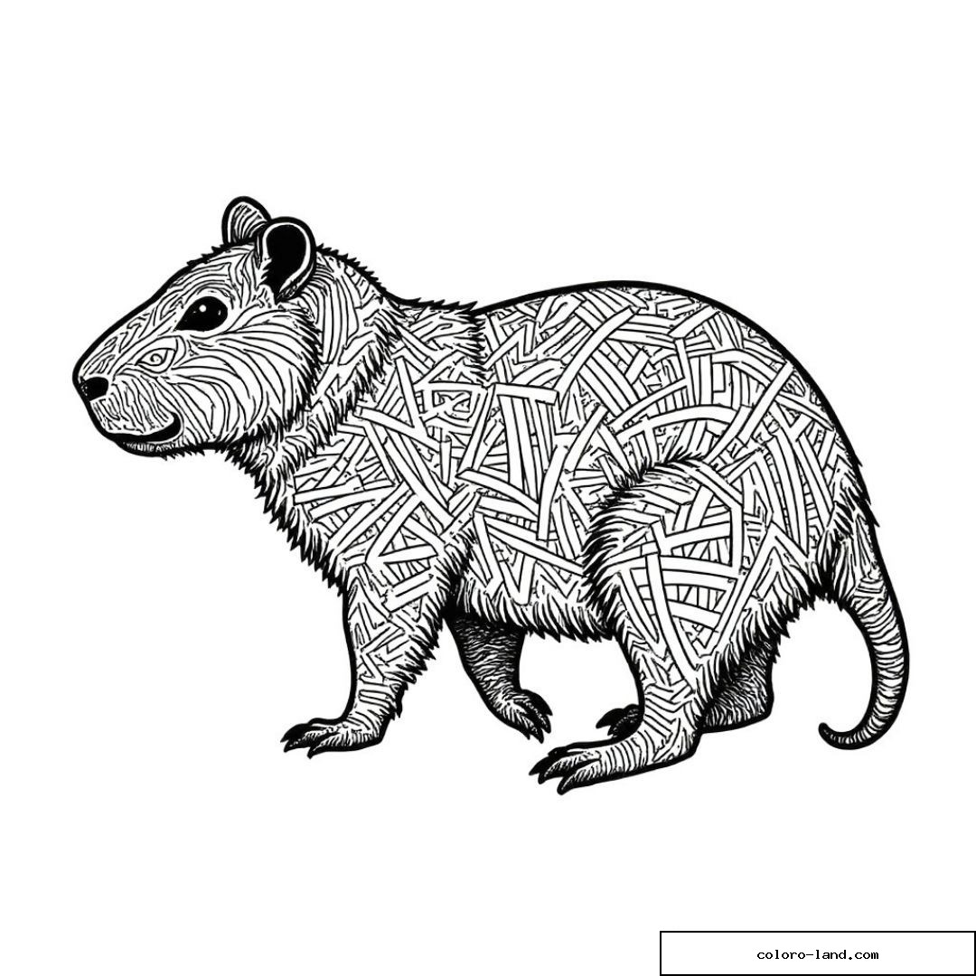 Capybara couvert de spirales zentangle avec une fleur de lotus sur le flanc