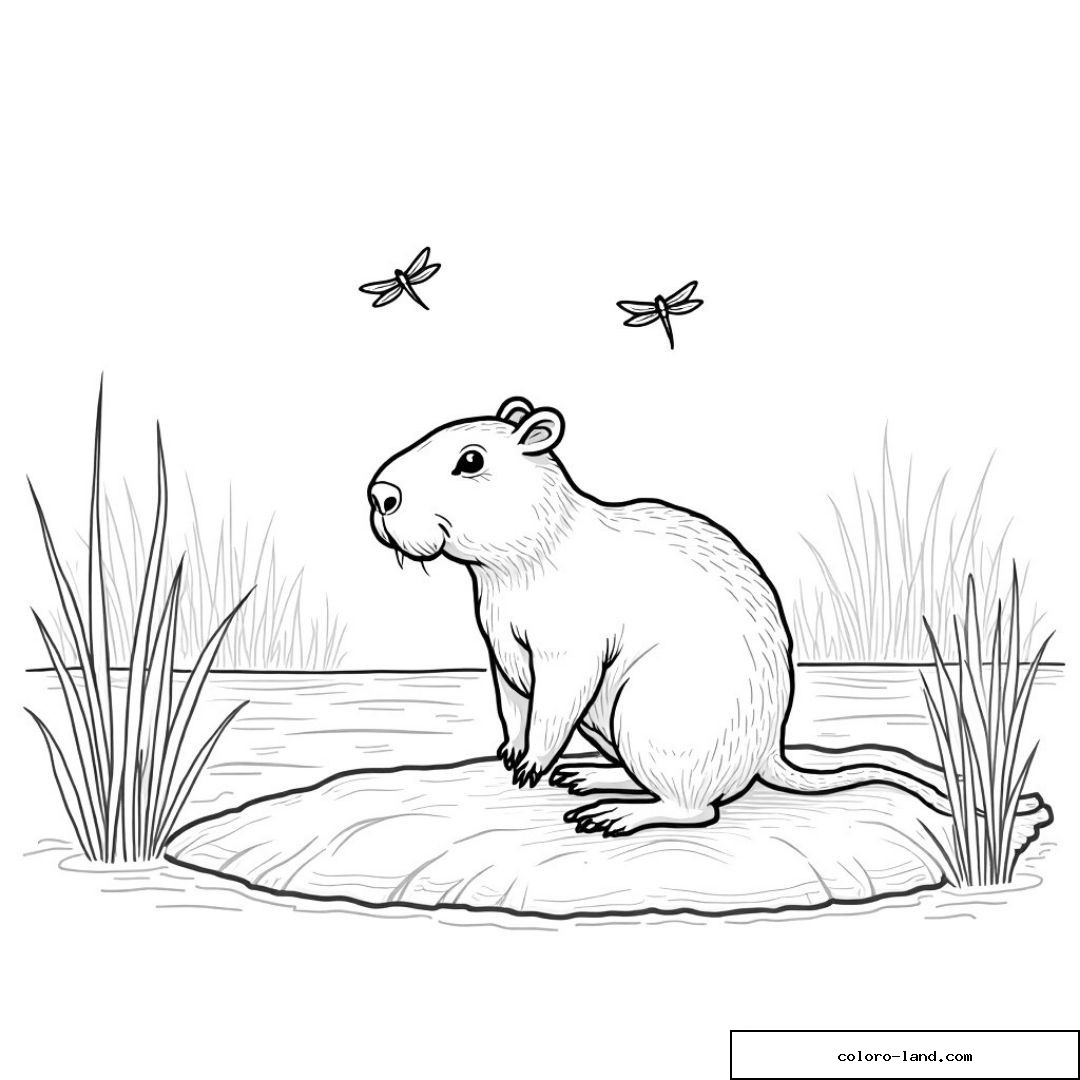 Capybara assis au bord d'un étang observant deux libellules