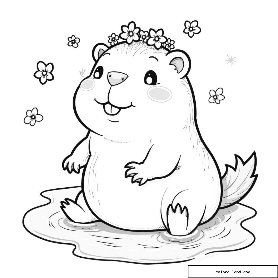 Capybara à couronne de fleurs assis au bord d'une flaque ronde