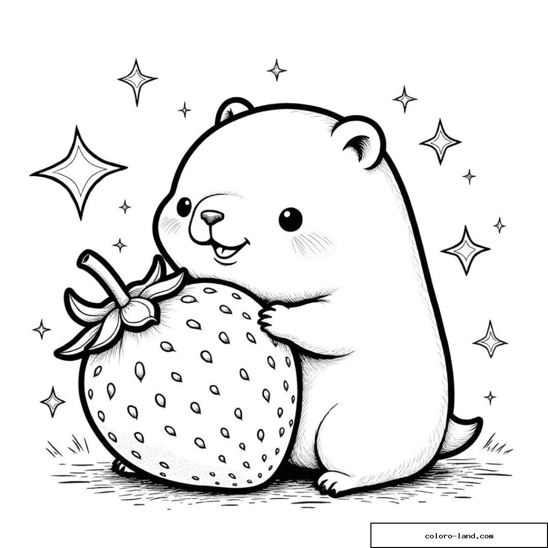 Capybara serrant une grosse fraise entourée d'étoiles scintillantes