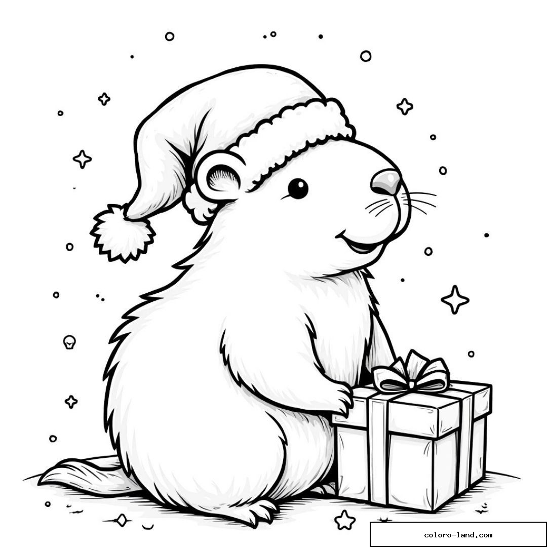 Capybara en bonnet de Noël accoudé à une boîte cadeau nouée