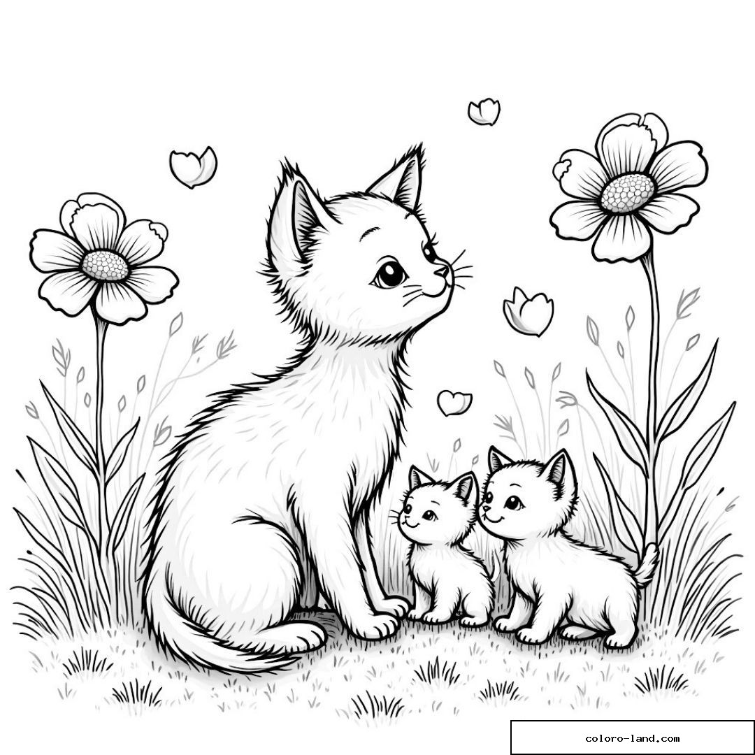 Chat et chatons avec fleurs