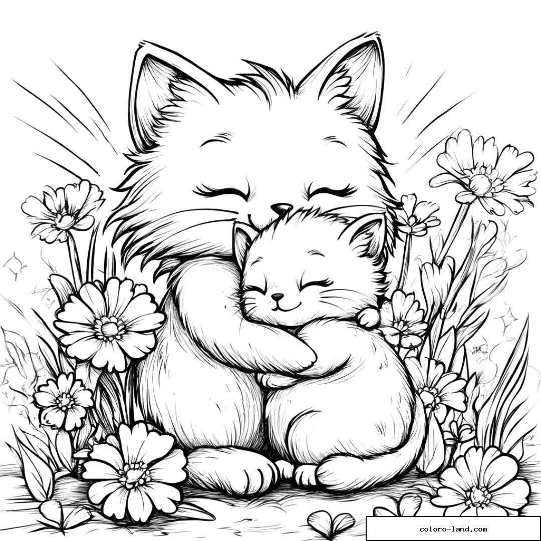 Dessin de deux chats se câlinant entourés de fleurs.