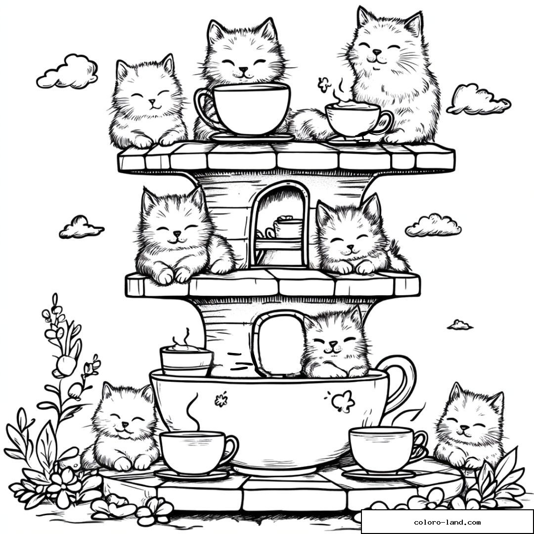 Dessin de chatons dans des tasses de thé avec des fleurs