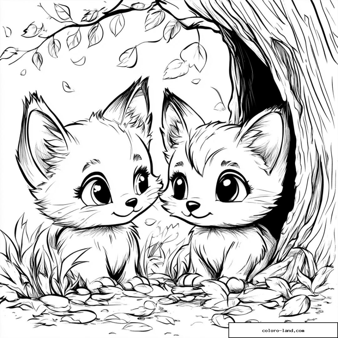 Deux renardeaux mignons assis devant un arbre avec des feuilles.