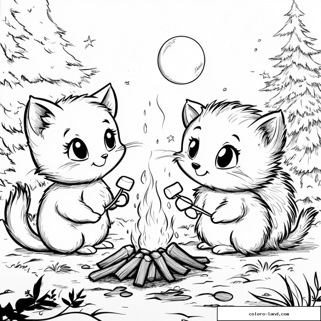 Deux chatons mignons autour d’un feu de camp