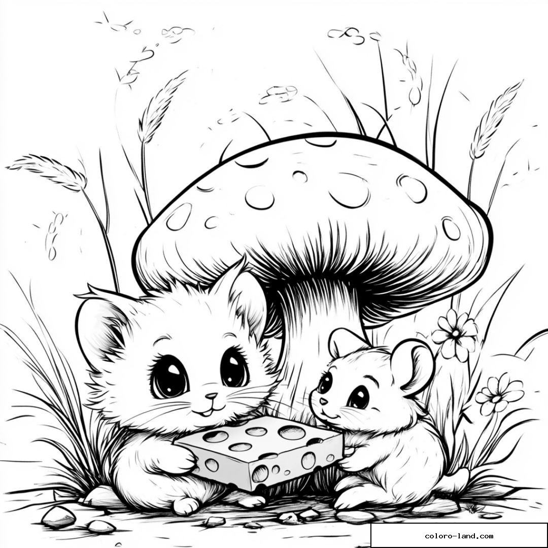 Chaton et souris partageant du fromage sous un champignon.