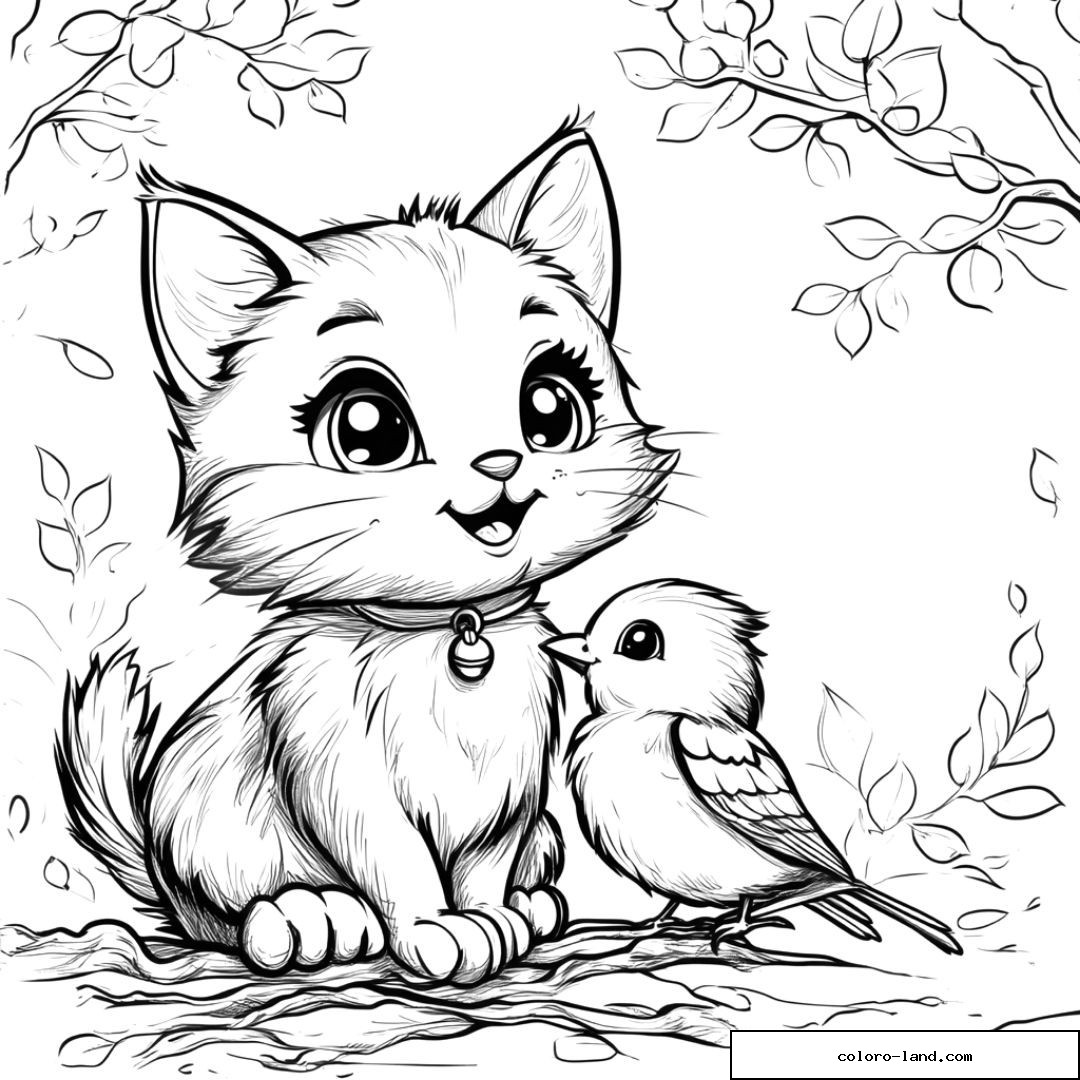 Chaton mignon avec oiseau sur une branche à colorier