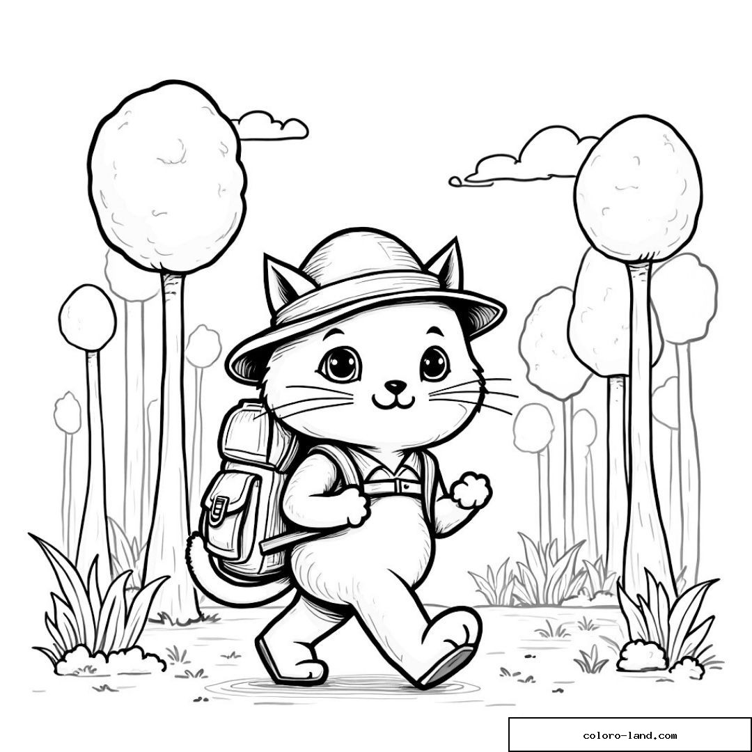 Chat avec sac à dos et chapeau marchant dans une forêt