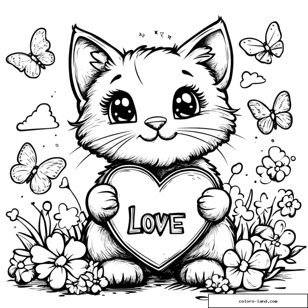 Chat mignon avec cœur et papillons