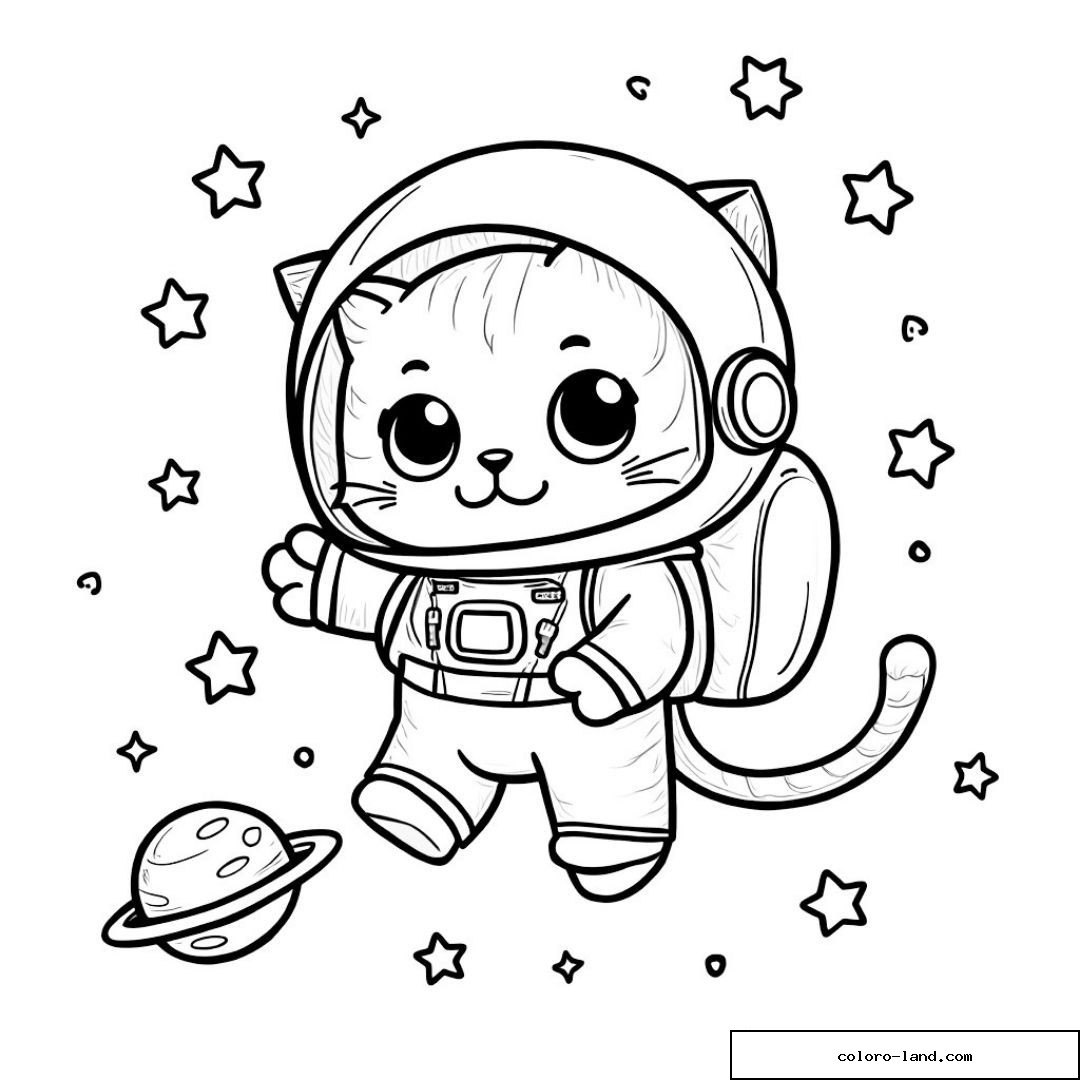 Chat mignon en tenue de cosmonaute flottant dans l'espace avec des étoiles et une planète.