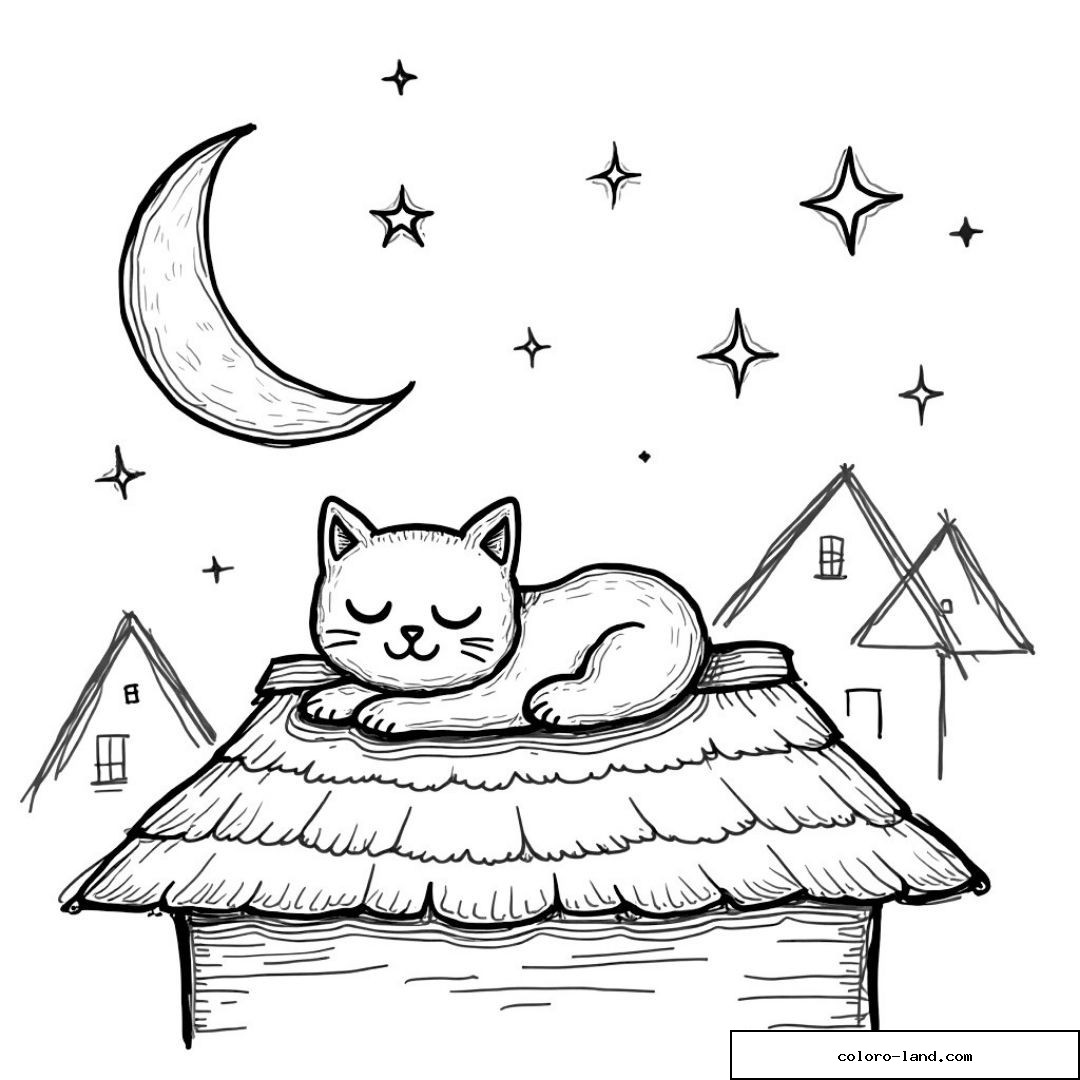 Chat endormi sur un toit avec lune et étoiles