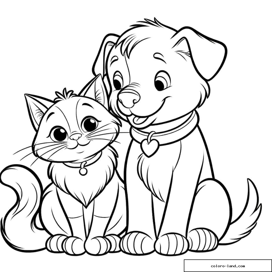 Dessin à colorier Chat et chien amis