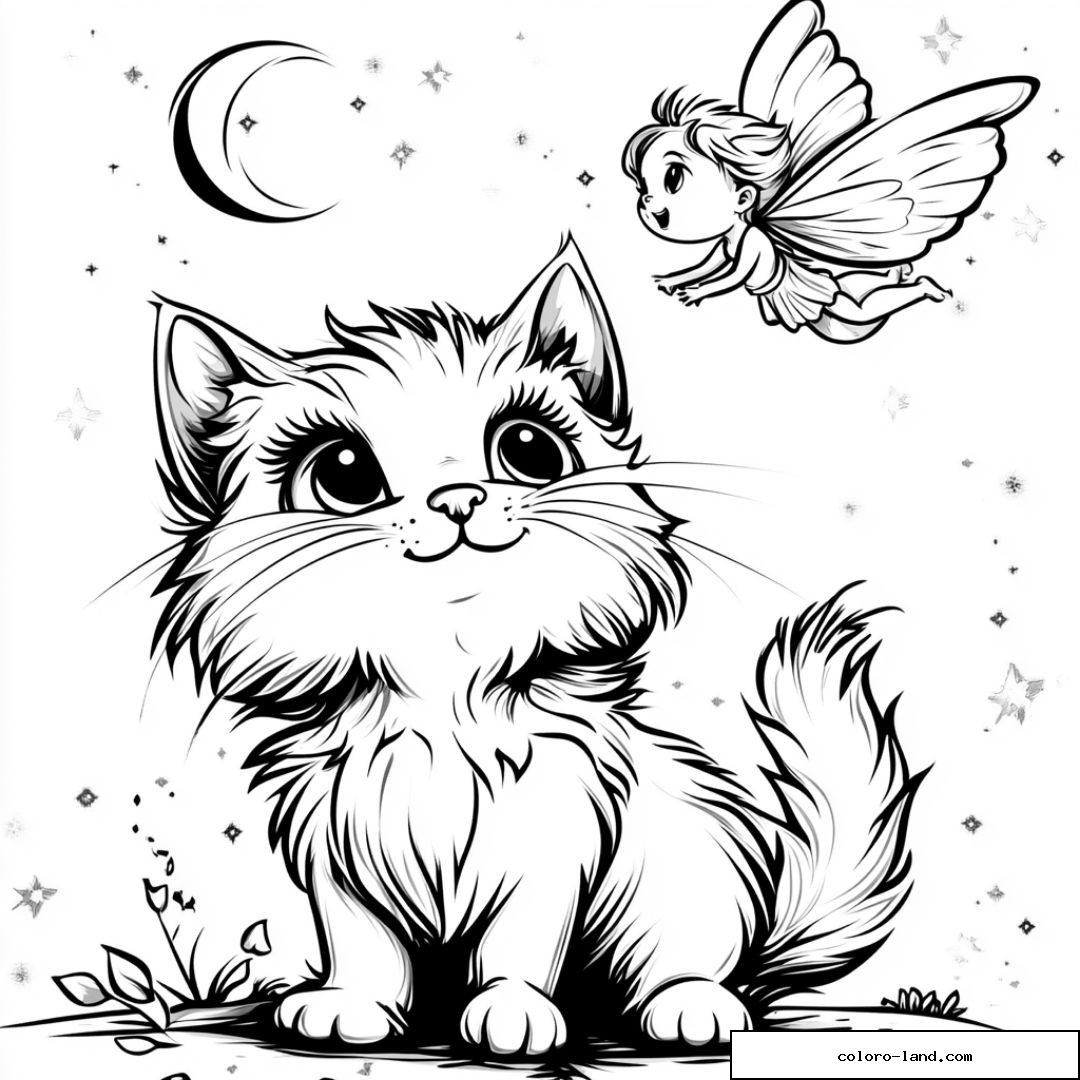Chaton mignon et fée volante sous un ciel étoilé avec lune