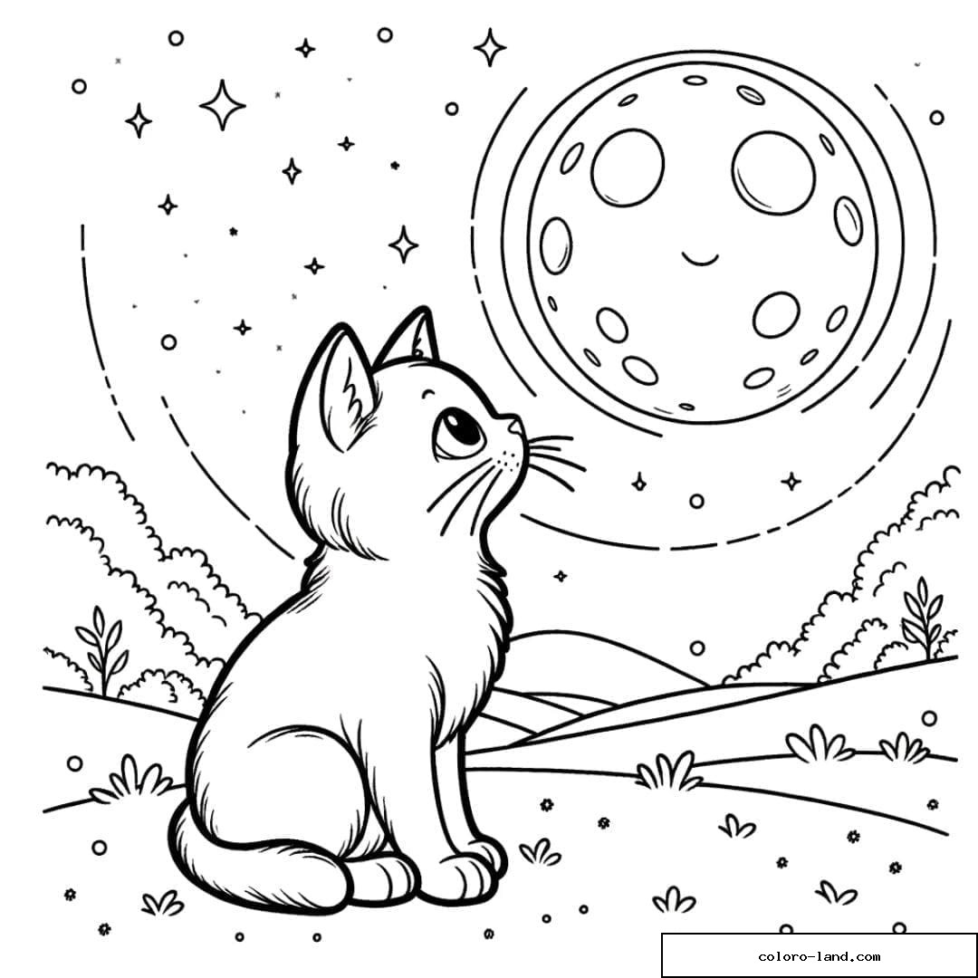 Dessin à colorier Chat sous une lune brillante