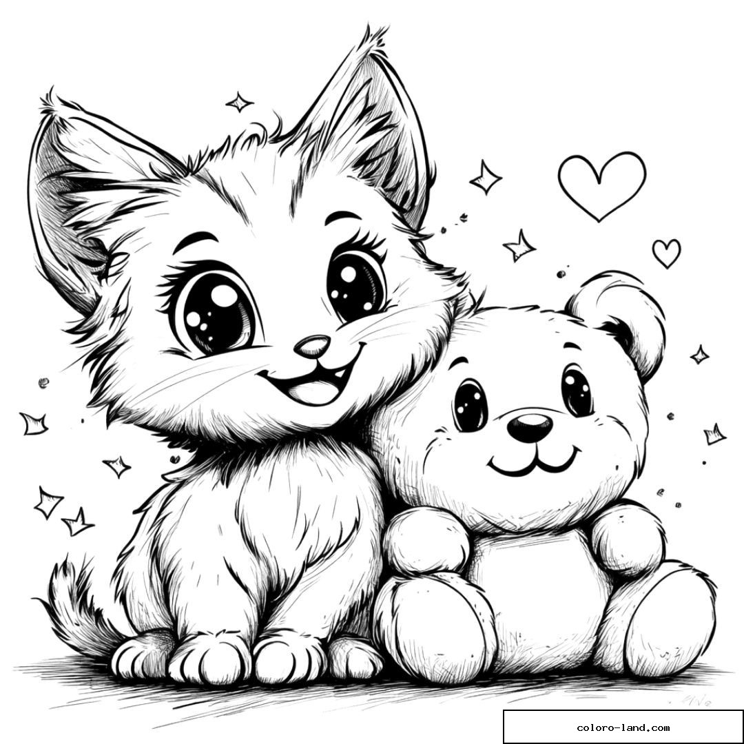 Dessin chat mignon et ourson avec cœurs