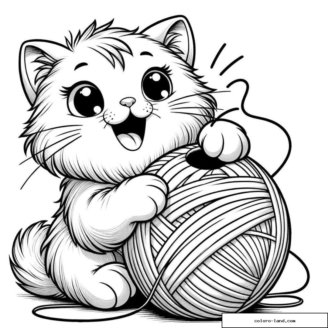 Dessin à colorier d'un chat jouant avec une pelote de laine