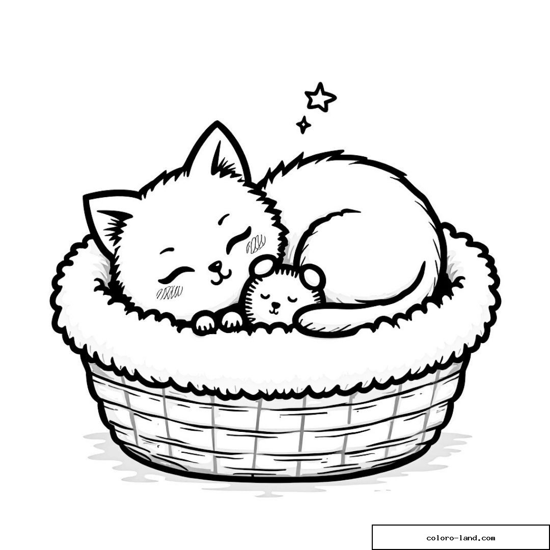 Chat et souris endormis dans un panier