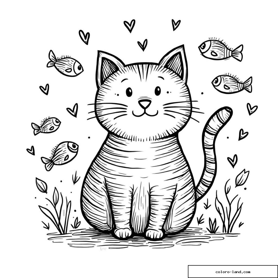Dessin de chat avec poissons et cœurs à colorier pour enfants