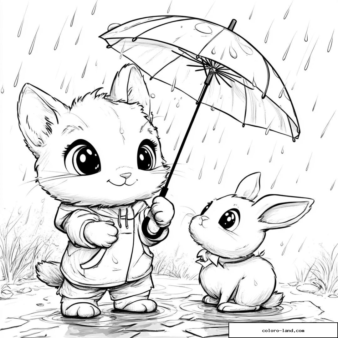 Dessin à colorier d’un chat avec un parapluie