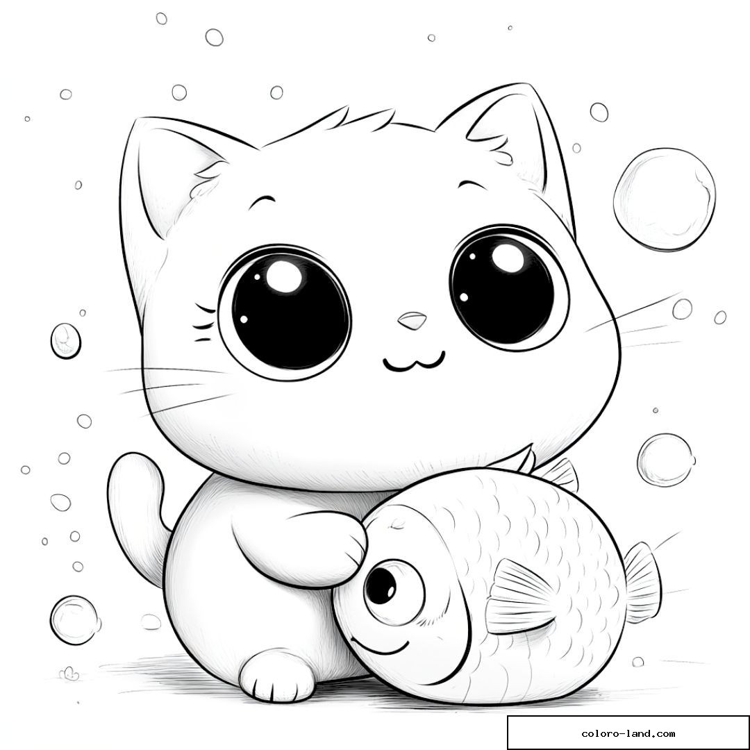 Chat kawaii avec poisson et bulles