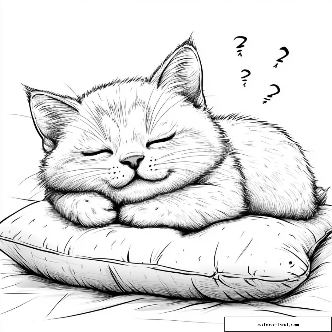 Dessin d'un chaton endormi sur un coussin avec points d'interrogation.