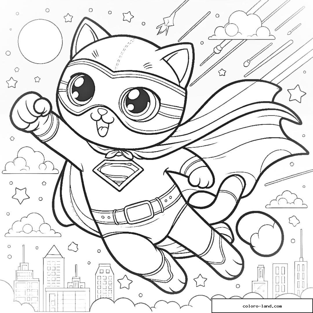 Dessin à colorier Chat super-héros en action