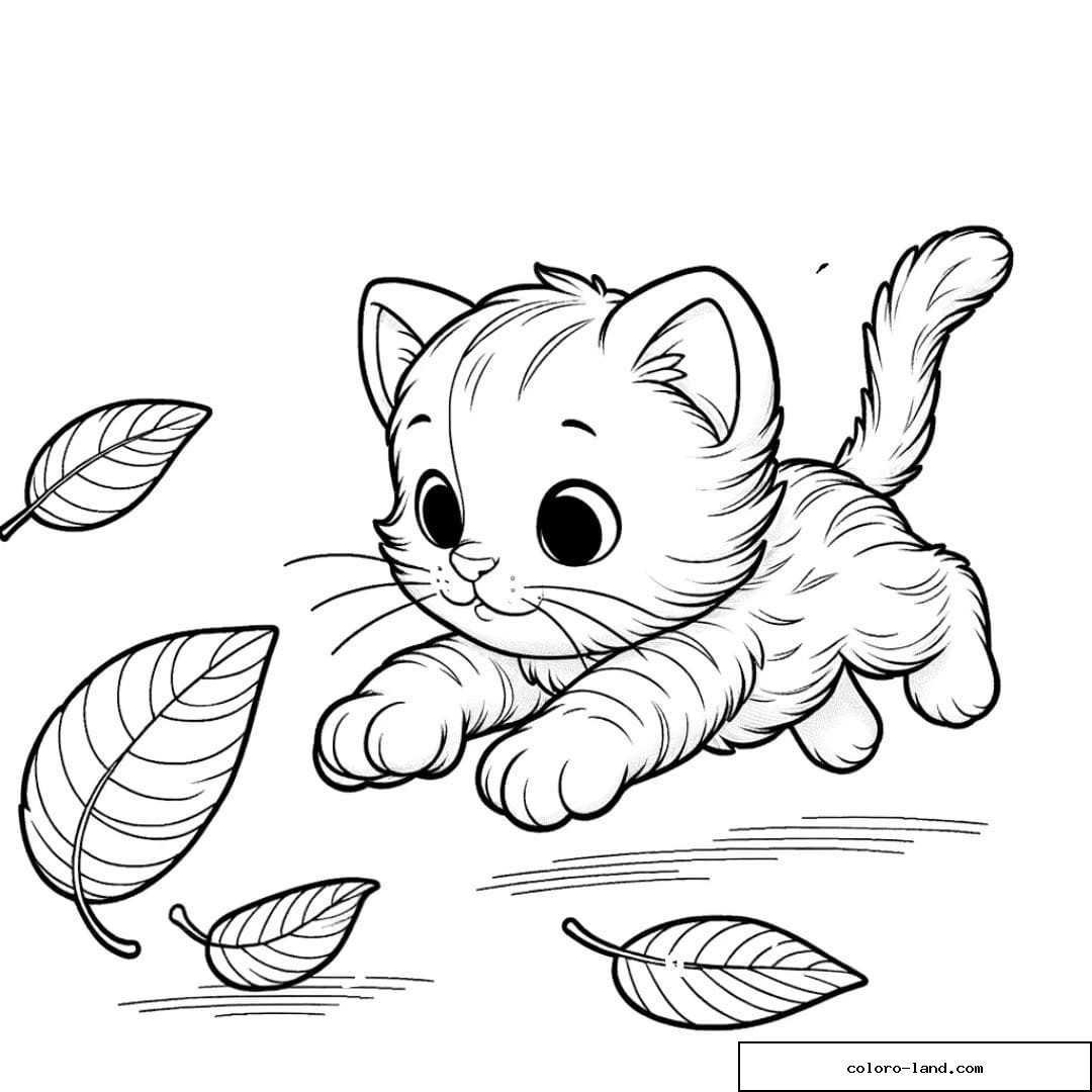 Coloriage d'un Chaton poursuivant une feuille