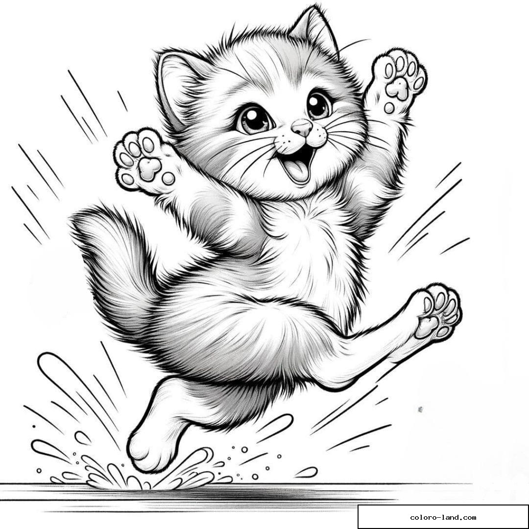 Dessin à colorier d'un chaton bondissant de joie