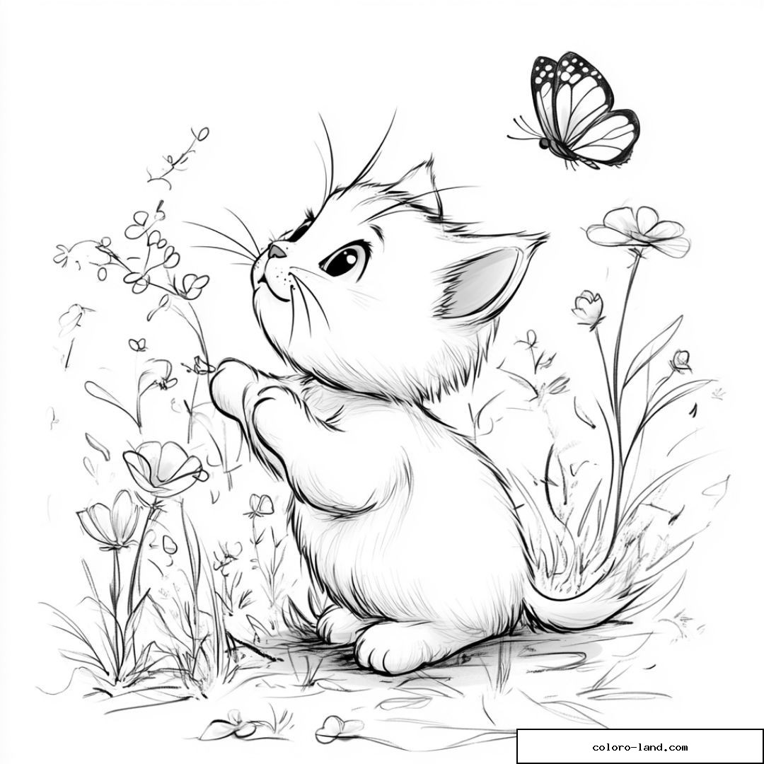 Chaton curieux et papillon dans un jardin fleuri