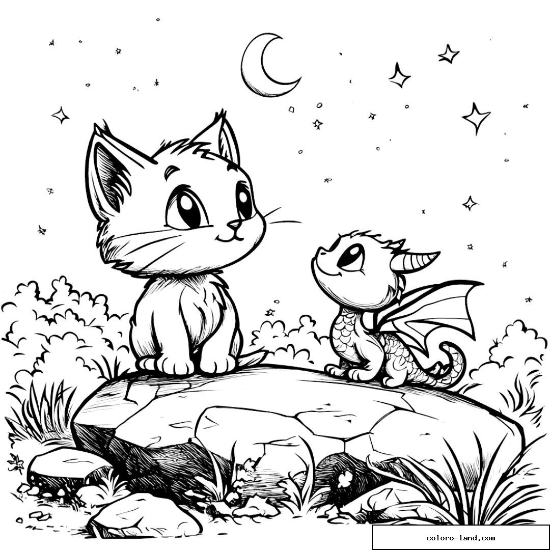 Dessin d’un chaton et d’un dragon sous la lune et les étoiles
