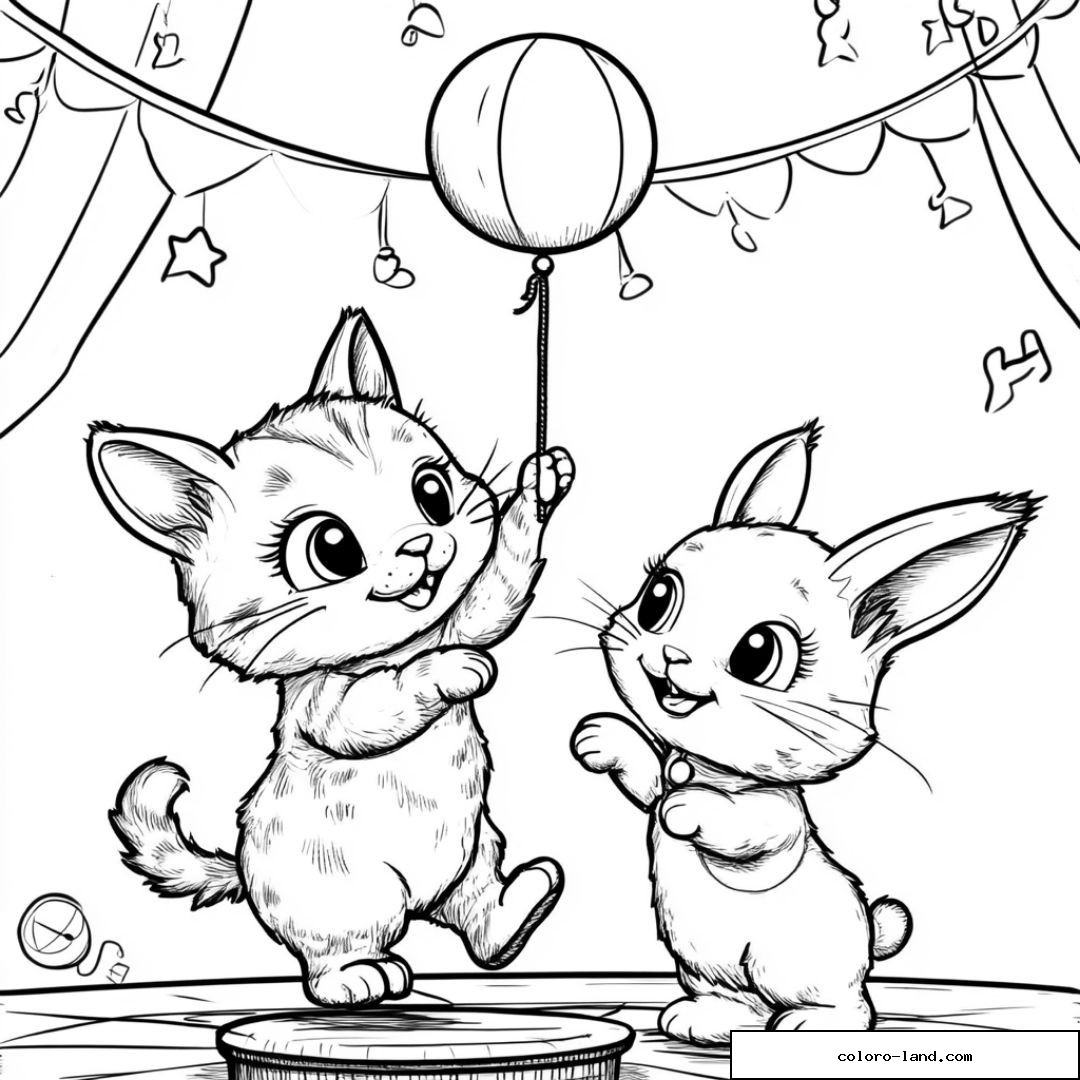 Chaton et lapin jouant avec un ballon sous une guirlande.