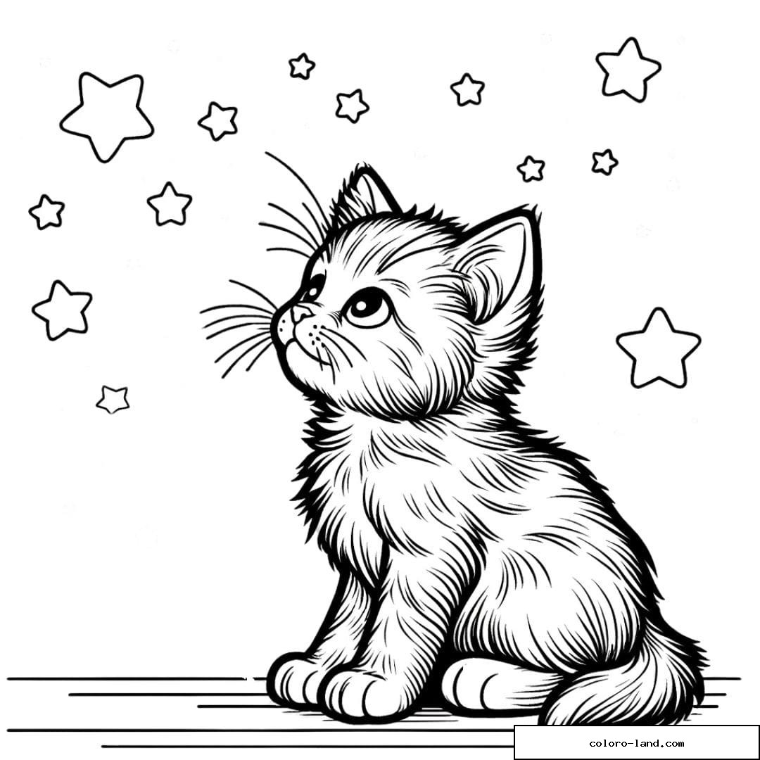 Coloriage d'un Chaton regardant les étoiles