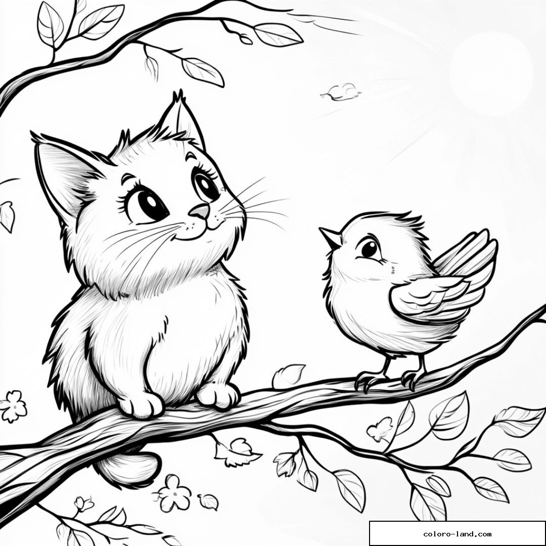 Chaton mignon et oiseau sur branche d'arbre à colorier